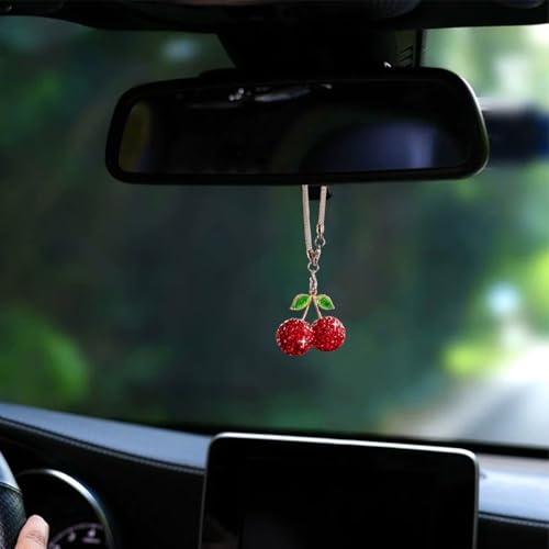 Crystal Cherry Car Hanging Ornament - Sparkly Rhinestone Mirror Pendant