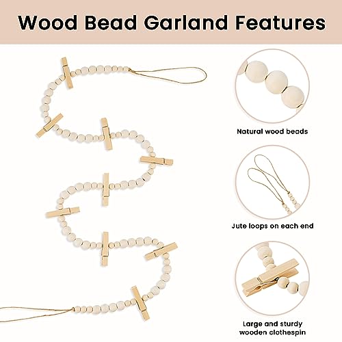 Boho Wood Bead Hanging Photo Display with 9 Clips, 55-inch Wall Decor