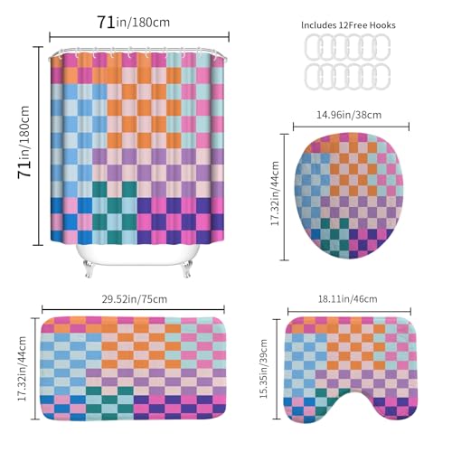 4-Piece Checkered Shower Curtain and Bath Rug Set with Toilet Mat