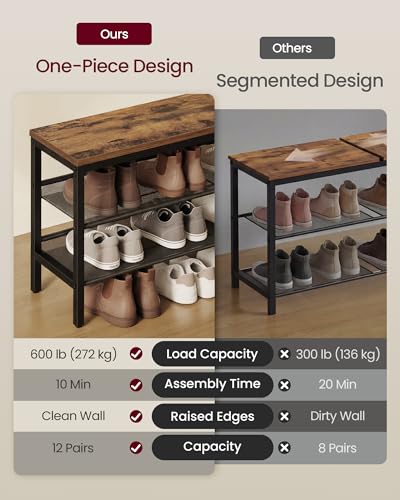3-Tier Industrial Shoe Bench with Storage Shelves - Rustic Brown
