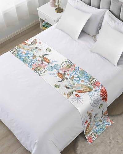 Coastal Sea Turtle Satin Bed Runner for King Size Bed - 94 x 20 Inch