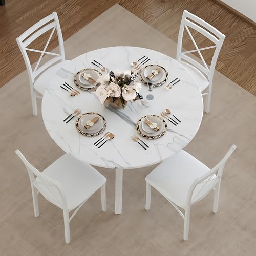 5-Piece Dining Table Set for 4, Faux Marble Top with 4 Upholstered Chairs