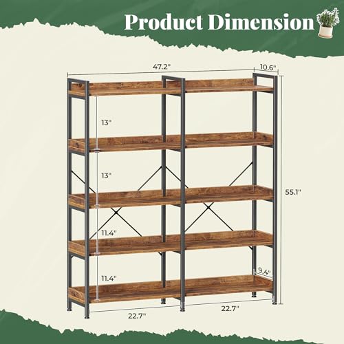 5-Tier Industrial Bookshelf with 10 Open Shelves and Metal Frame