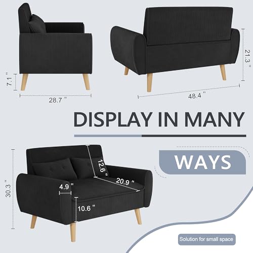 48-Inch Mid-Century Modern Loveseat Sofa with Thick Cushions, Black