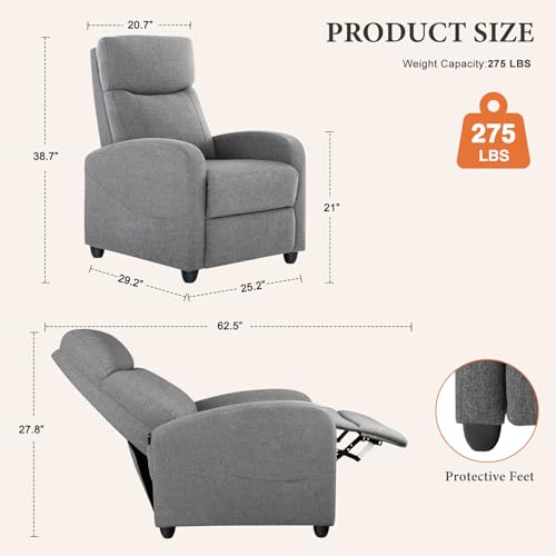 Fabric Recliner Chair with Lumbar Support for Living Room, Gray