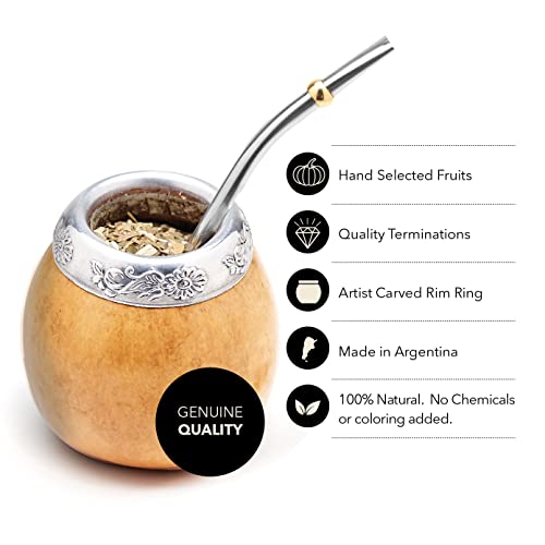 BALIBETOV 3.5oz Natural Dark Brown Handmade Yerba Mate Gourd Set with Bombilla & Brush