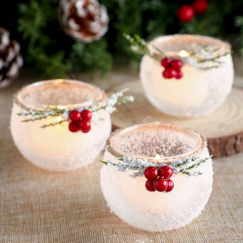 6-Piece Christmas Votive Candle Holders with Snowy Pine Leaves & Red Berries