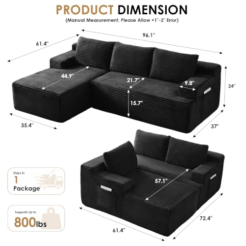 96" Modular Sectional Sofa with Chaise, Corduroy Upholstered Living Room Couch