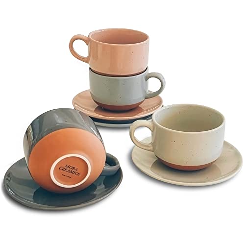 MORA Assorted Neutrals 8oz Ceramic Cappuccino Mug Set of 4 with Saucers – Microwave & Dishwasher Safe Coffee & Tea Cups