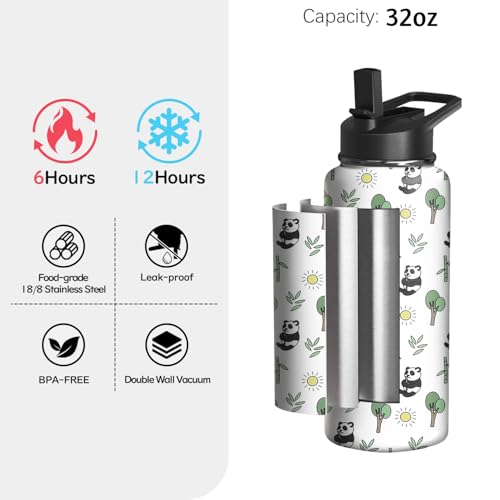 32oz Panda Water Bottle with Handle & Flip Straw - Stainless Steel Insulated Travel Mug (Stunnoosy Panda 32 Ounces)