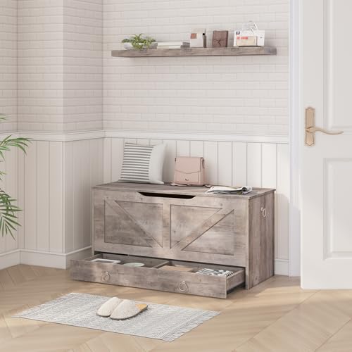 Wooden Storage Chest with Drawer, 39-Inch Entryway Bench with Safety Hinge