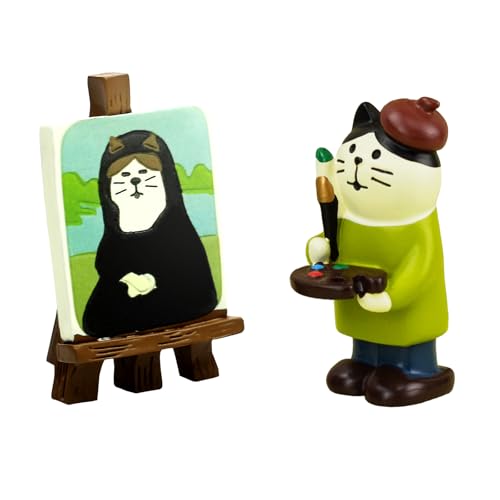 Mini Artist Cat Figurine Set with Easel, Resin Desk Decor