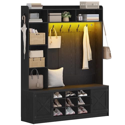 60-inch Farmhouse Hall Tree with LED Lights, Bench, and Shoe Storage