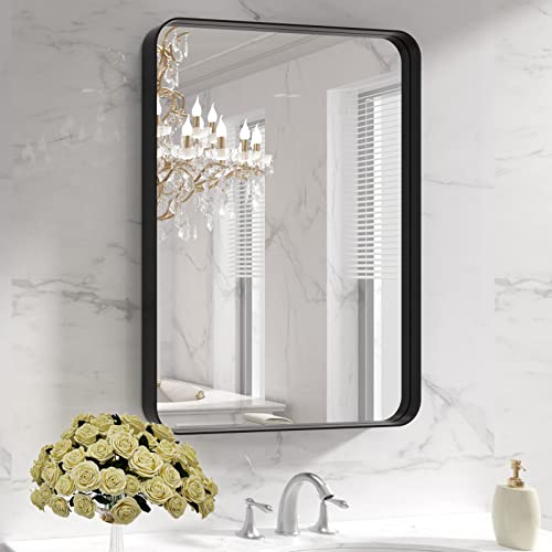 LOAAO 22x30 Inch Black Bathroom Mirror, Rounded Rectangle Metal Framed Vanity Mirror