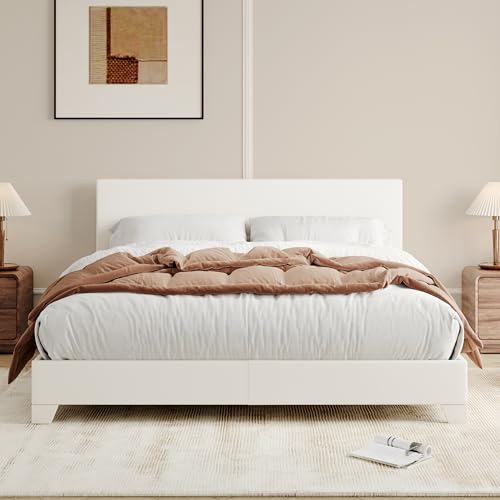 Full Size Upholstered Platform Bed Frame with Adjustable Headboard, White