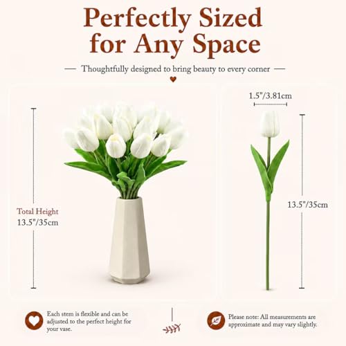Artificial White Tulips 20-Piece Set - 13.5" Lifelike PU Faux Flowers