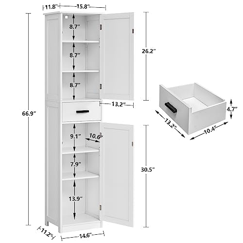 Tall Bathroom Storage Cabinet with Drawer and 6 Adjustable Shelves, White