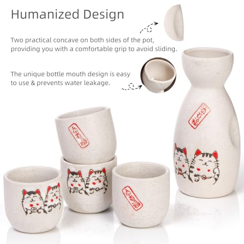 Japanese Sake Set with Maneki Neko Cups & Carafe - Ceramic Hot Drink Gift