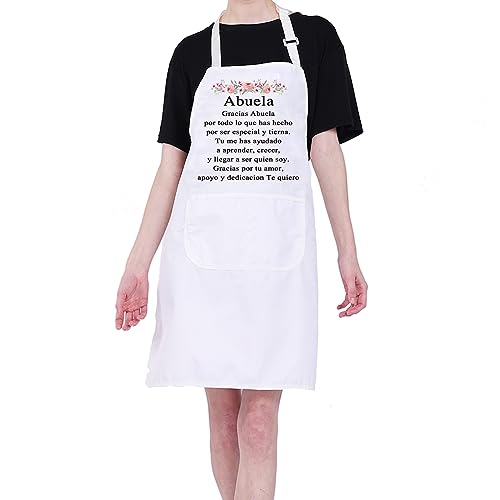 Spanish Grandma Gift Apron with Pockets - Gracias Abuela Kitchen Cooking Apron - White