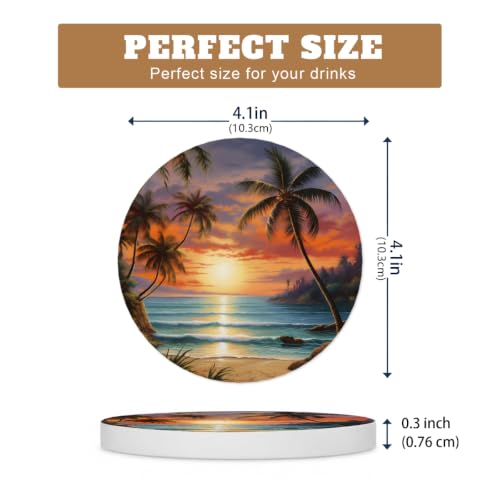 Yeahhhlife Beach Sunset Coaster Set of 4 - Absorbent Ceramic Round Coasters with Cork Backing
