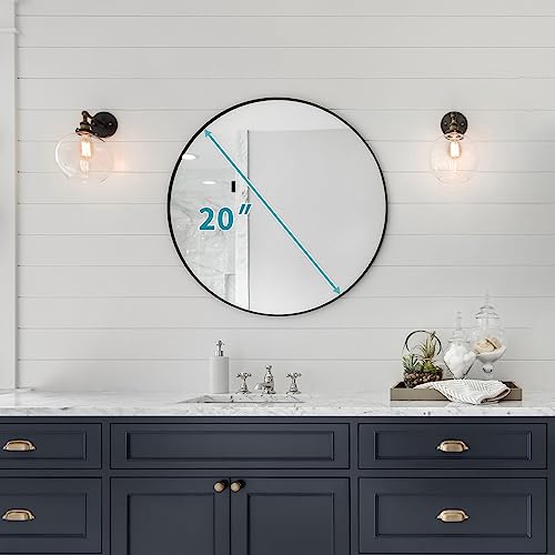 20-Inch Round Wall Mirror, Matte Black Metal Framed Circle Bathroom Mirror