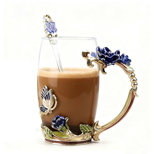 Rose Blue Tea Mug with Spoon & Flower Decoration - 12 OZ Gift for Mom Women