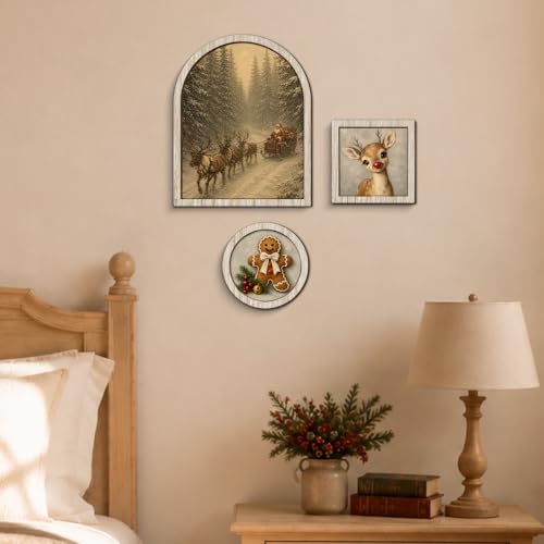 YeleY Xmas-01 3-Piece Vintage Santa Sleigh Wall Art Set with Frames