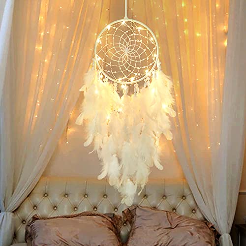Handmade White Feather Dream Catcher with LED Lights, 20-Inch Wall Hanging