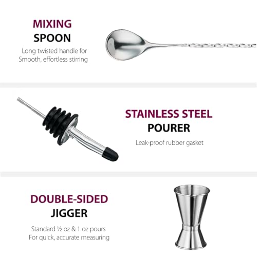 FineDine Stainless Steel Cocktail Shaker Set with Bartender Tools & Stand