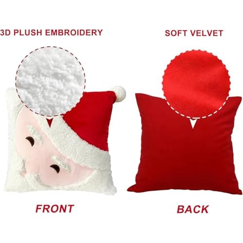 2Pcs Christmas Pillow Covers 18x18 Inch - Santa Claus Theme Square 3D Embroidered Velvet Pillowcases, Fun Winter Indoor Decoration for Bed and Sofa