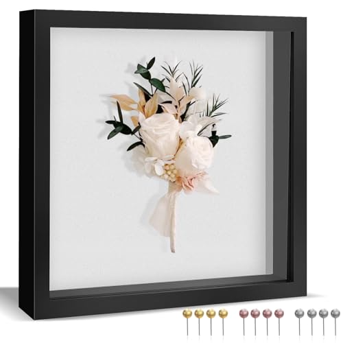 8x8 Shadow Box Frame with Linen Backing and Pins - Black Display Case