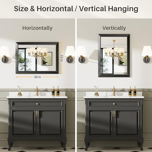22x30 Inch Black Metal Framed Wall Mirror, Shatter-Proof Bathroom Vanity