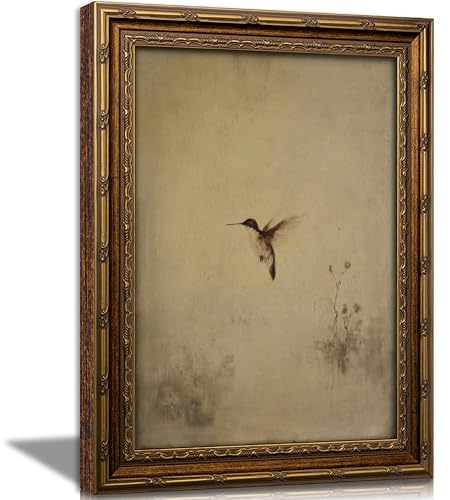 Vintage Gold Framed Hummingbird Canvas Wall Art Rustic Bird Painting