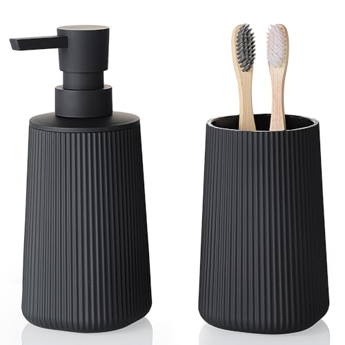 2-Piece Matte Black Bathroom Accessory Set: Soap Dispenser & Toothbrush Holder