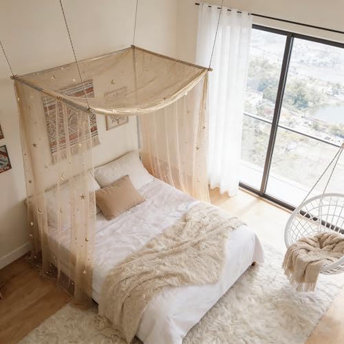 Sheer Star and Moon Canopy Bed Curtains for Kids Montessori and Twin Beds