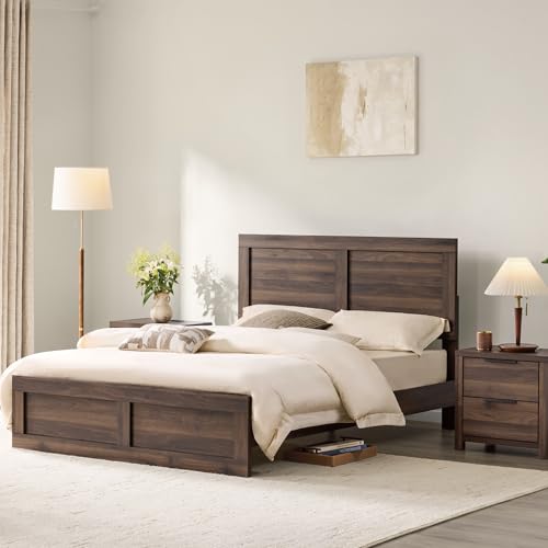3-Piece Queen Bedroom Set: Wood Platform Bed Frame & 2 Charging Nightstands