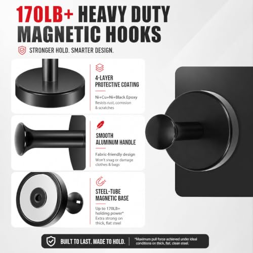 Extra Heavy Duty Magnetic Hooks 170 lbs - Black Cruise Hooks (6-Pack)