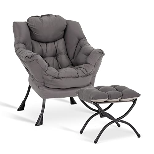 Upholstered Lazy Chair with Ottoman - Comfy Accent Reading Chair Dark Grey