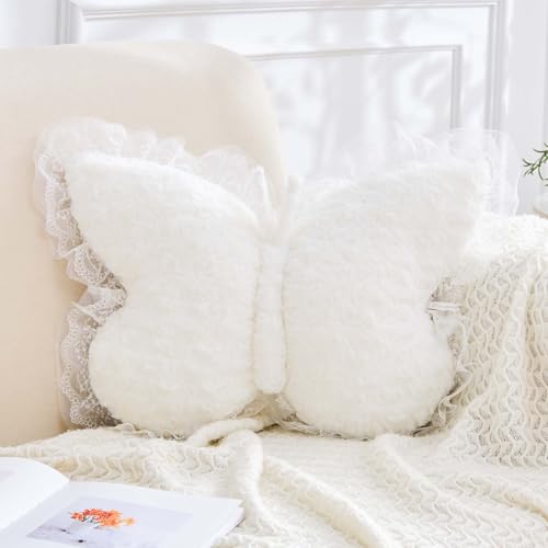 Butterfly Shaped Throw Pillow with Lace Trim, Soft Plush Decorative Cushion