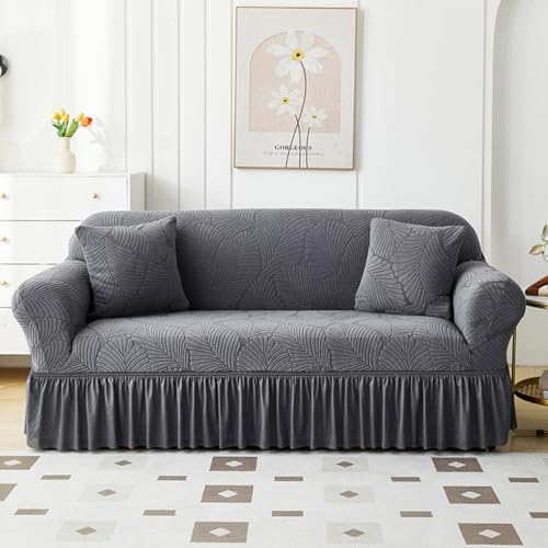 Double Seat Sofa Slipcover with Ruffle Skirt - Leaf Pattern