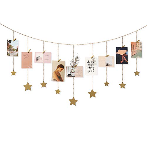 Boho Hanging Photo Display with Gold Star Garland and 25 Wood Clips