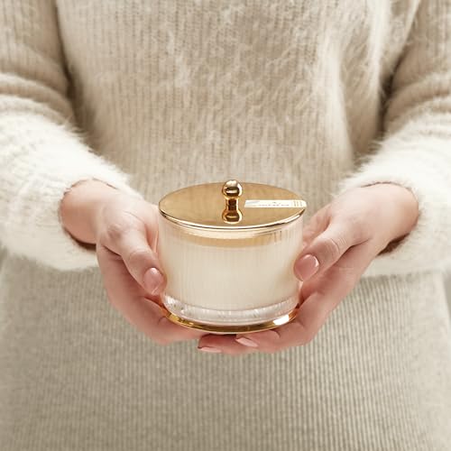 Thymes Frasier Fir Gilded Frosted Wood Grain Candle 9 oz – gold lid, pine scent