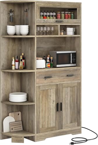 67-Inch Farmhouse Kitchen Hutch with Charging Station, Drawer and Shelves