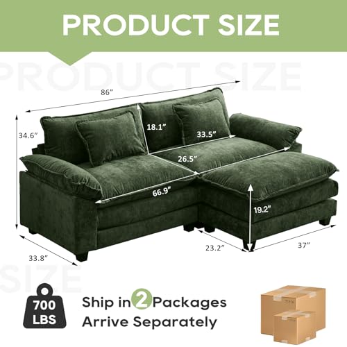 86" Modular Sectional Sofa with Ottoman, Deep Seat Chenille Cloud Couch