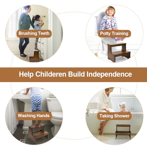 2-Step Bamboo Stool for Adults and Kids, 350 lb Capacity Non-Slip Step Stool