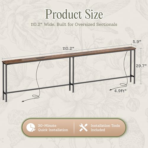 110-Inch Extra Long Narrow Console Table with Power Outlets and USB-C Ports