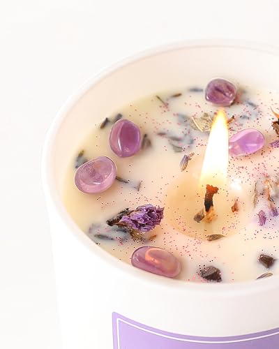 Lavender Scented Soy Candle with Crystals & Dried Flowers - 10oz Aromatherapy