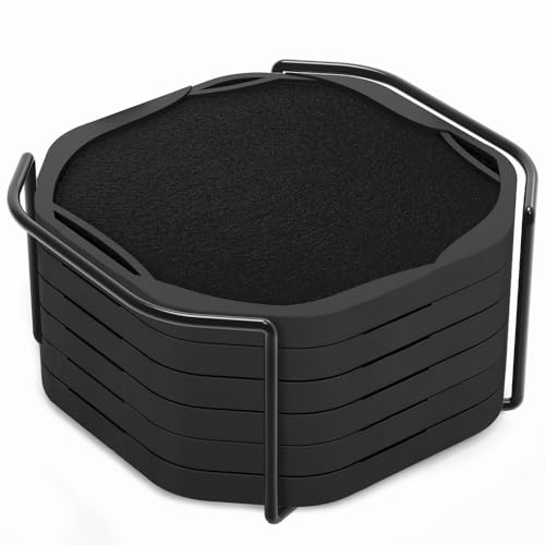 UMIRRO 6 Pack Black Octagon Felt & Silicone Drink Coasters with Holder - Absorbent & Leakproof