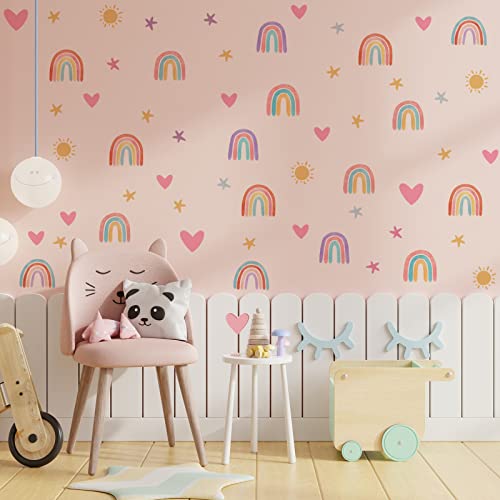 Rainbow Wall Decals for Kids Room - Removable Vinyl Stickers with Hearts Stars