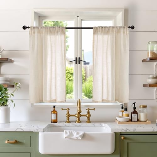 Light Filtering Burlap Linen Kitchen Curtains - 36 Inch, 2 Panels Set